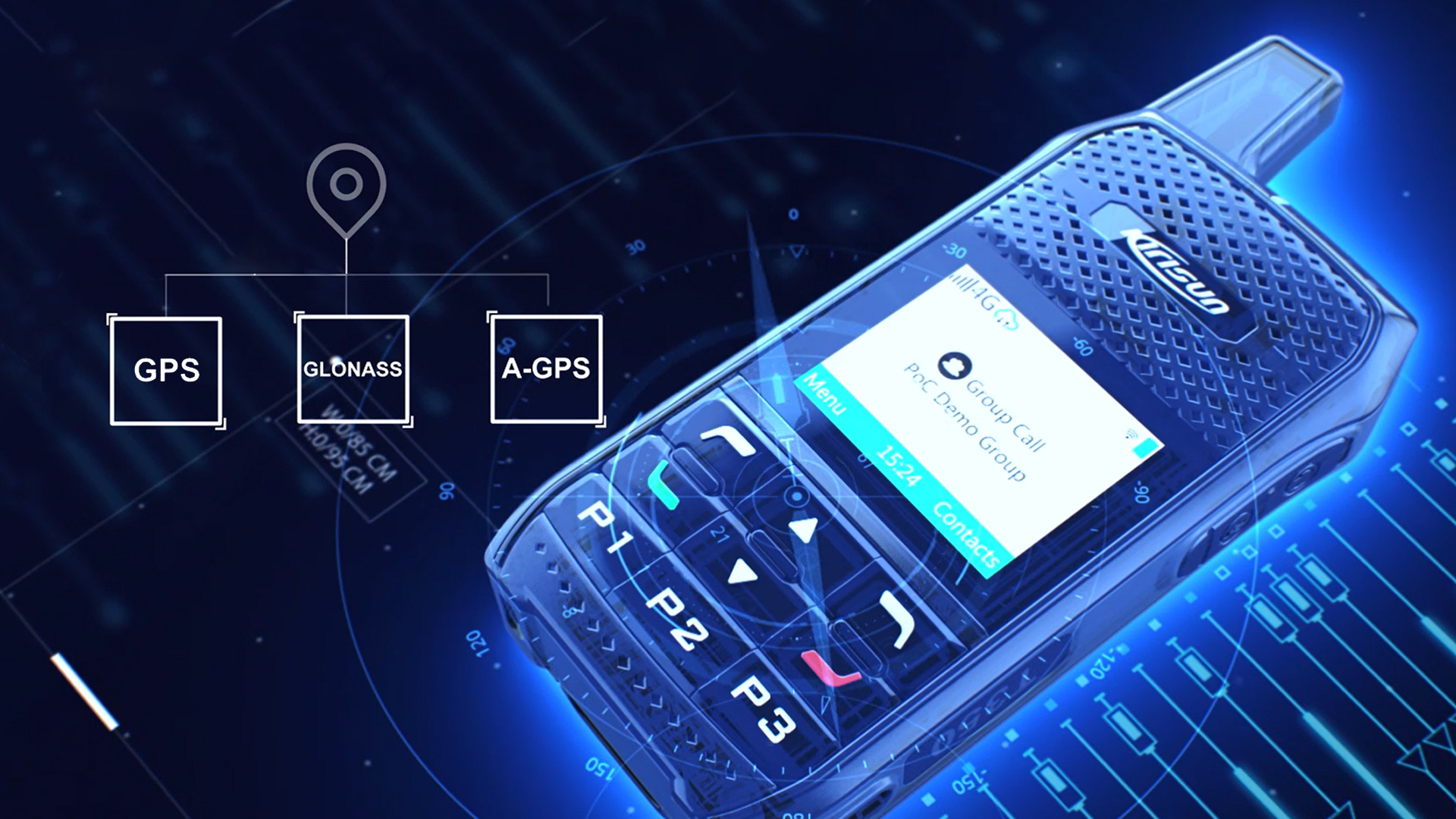 Radio portátil PoC T350 con pantalla y múltiples opciones de conectividad.